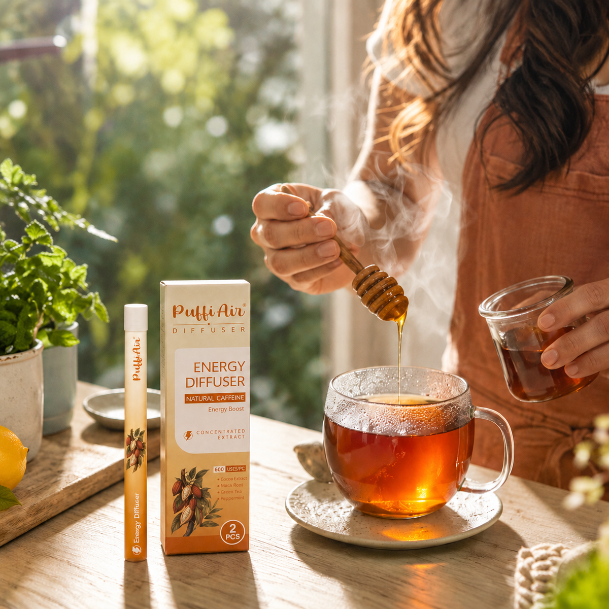 PuffiAir Energy Diffuser beside everyday work essentials in a bright, active setting.