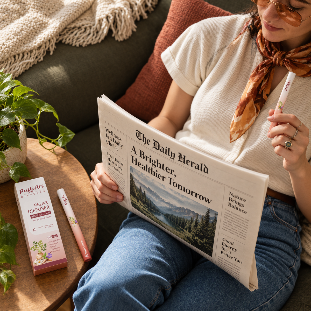 PuffiAir Sleep Diffuser in a quiet evening setting with soft lighting and a relaxed atmosphere.