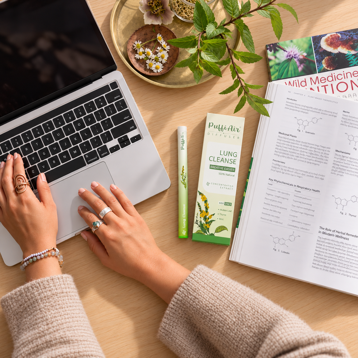 PuffiAir Detox Diffuser in a fresh everyday setting with natural light and greenery.