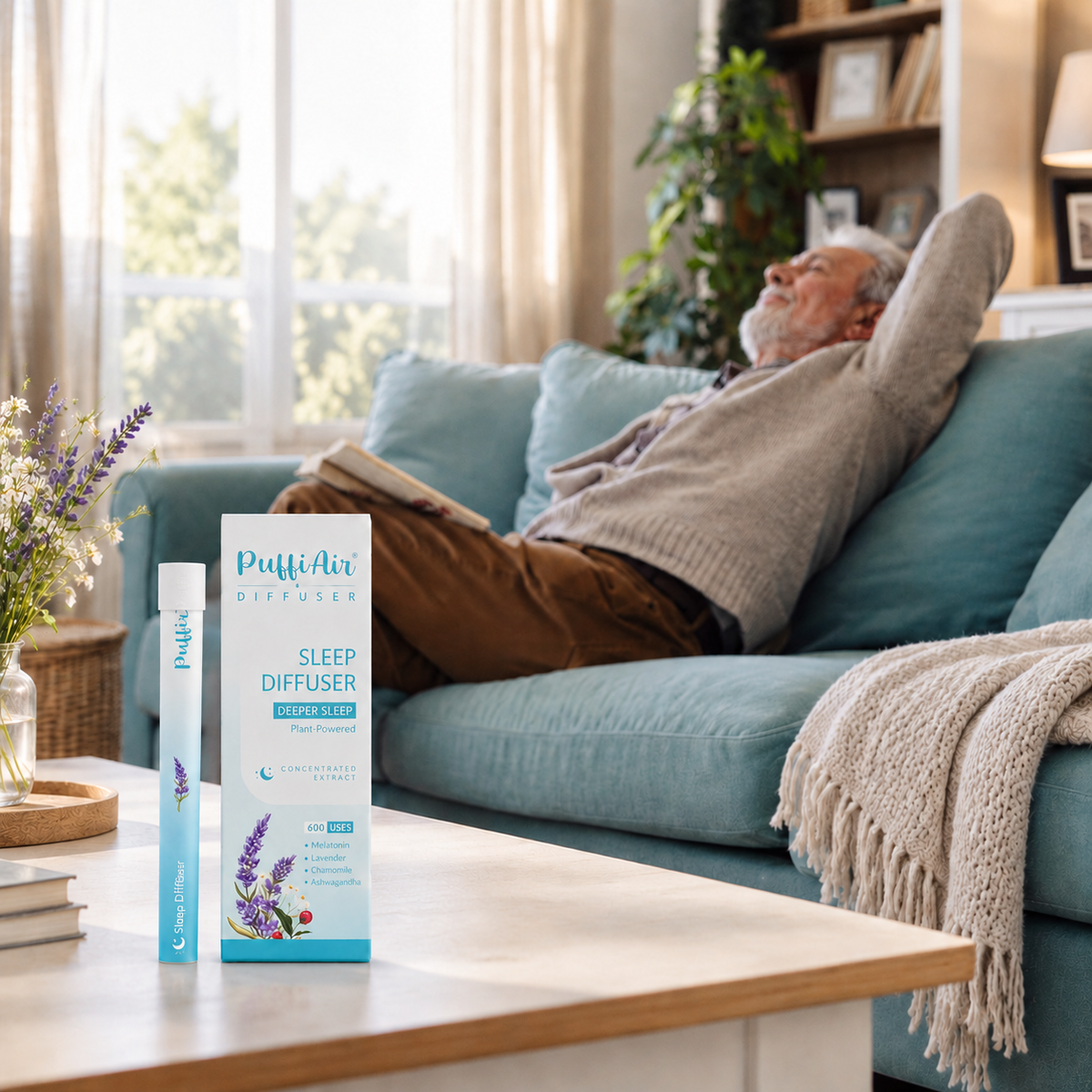 PuffiAir Relax Diffuser in a cozy indoor setting with a calm, laid-back feel.