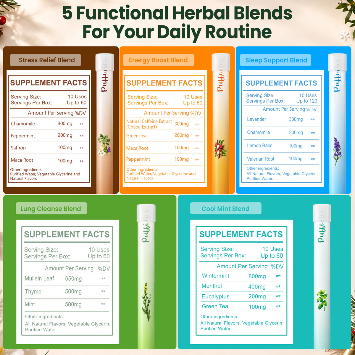 PuffiAir Holiday Diffuser Set supplement facts and full ingredients list