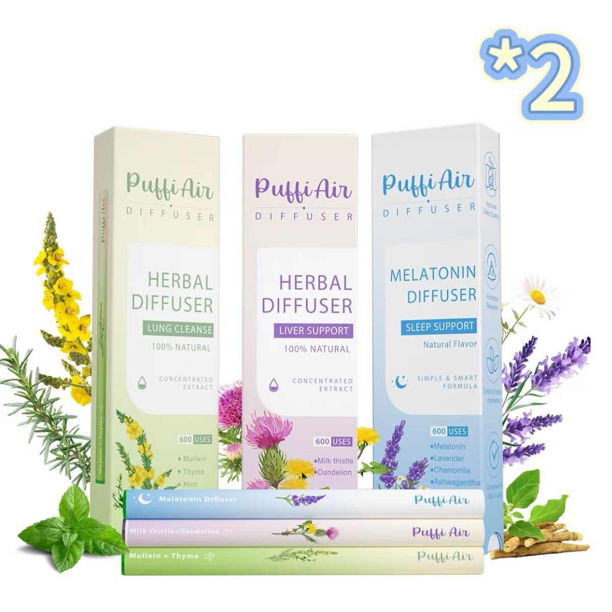 PuffiAir Aroma Diffuser Set – Natural Wellness Kit with Mullein, Milk Thistle & Melatonin Diffusers – 600 Puffs Each