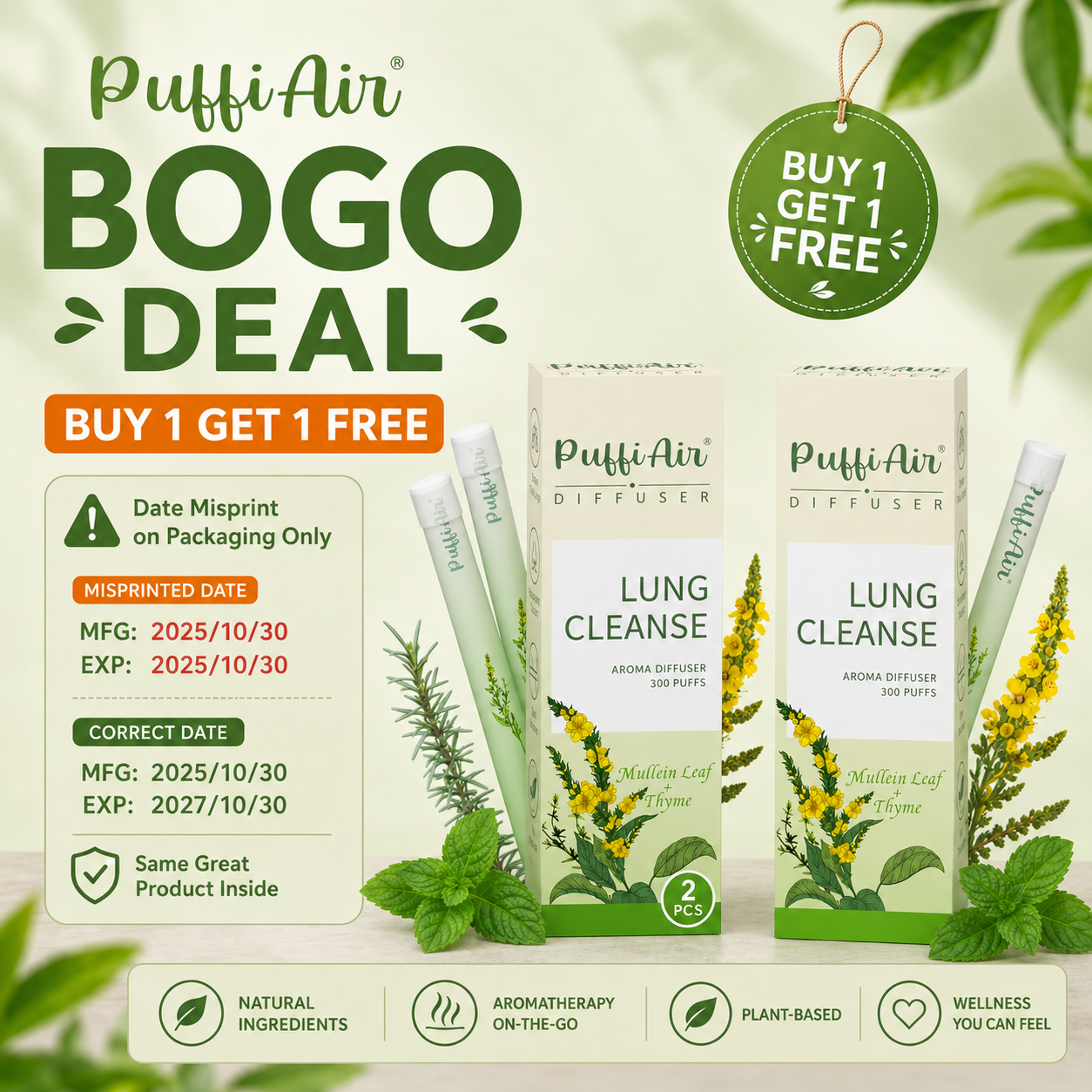 [BOGO FREE] PuffiAir Herbal Diffusers - 300 Uses (3 PCS) - Misprinted Date Version - Limited Quantity